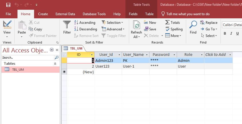 MS Access Table