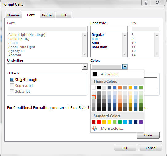 Format cells window