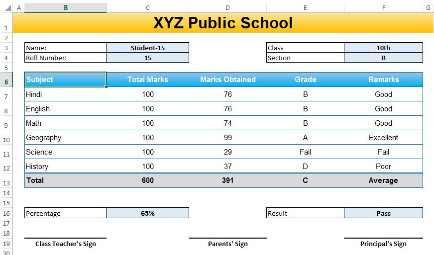 Mark sheet template