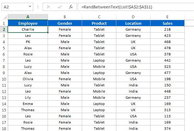 Dummy data created using RandBetweenText