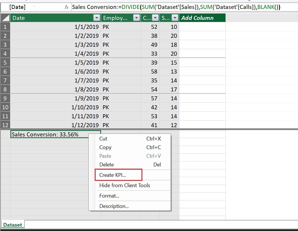 Create KPI from Data Model window