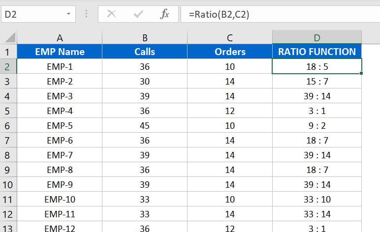 Ratio Function created in VBA