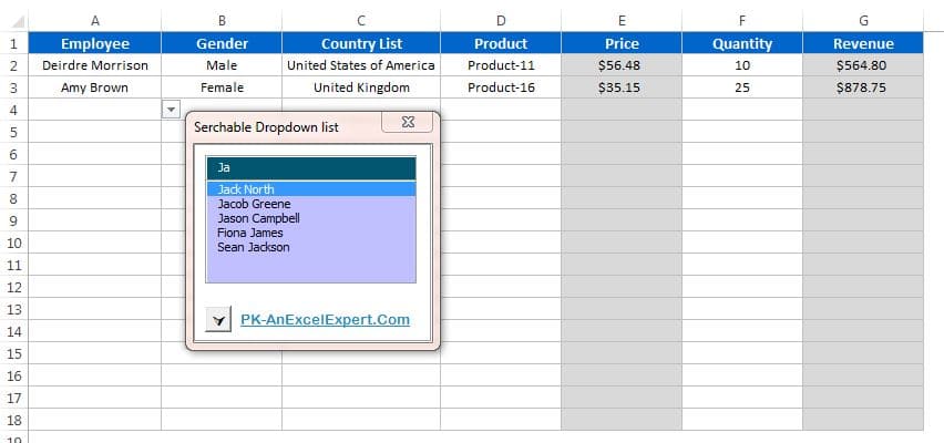 Universal searchable drop-down list in Excel