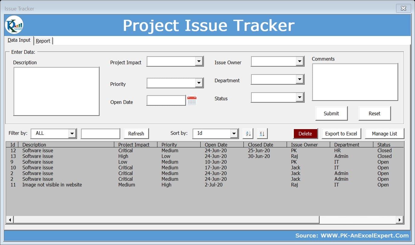 Project Management Issue Tracker Form