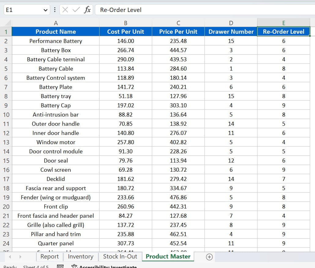 Product Master Worksheet