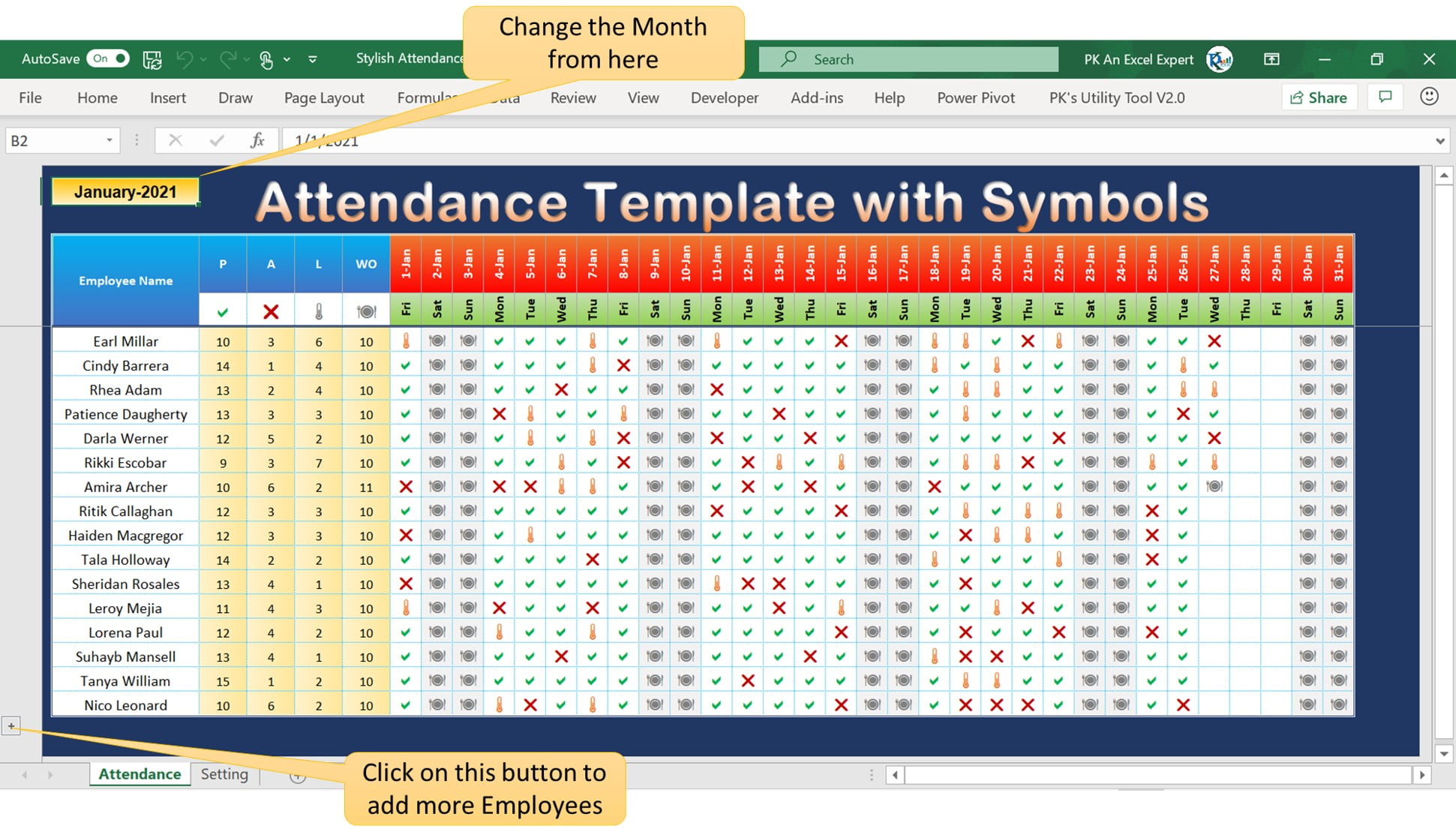 Stylish Attendance Tracker with Symbols