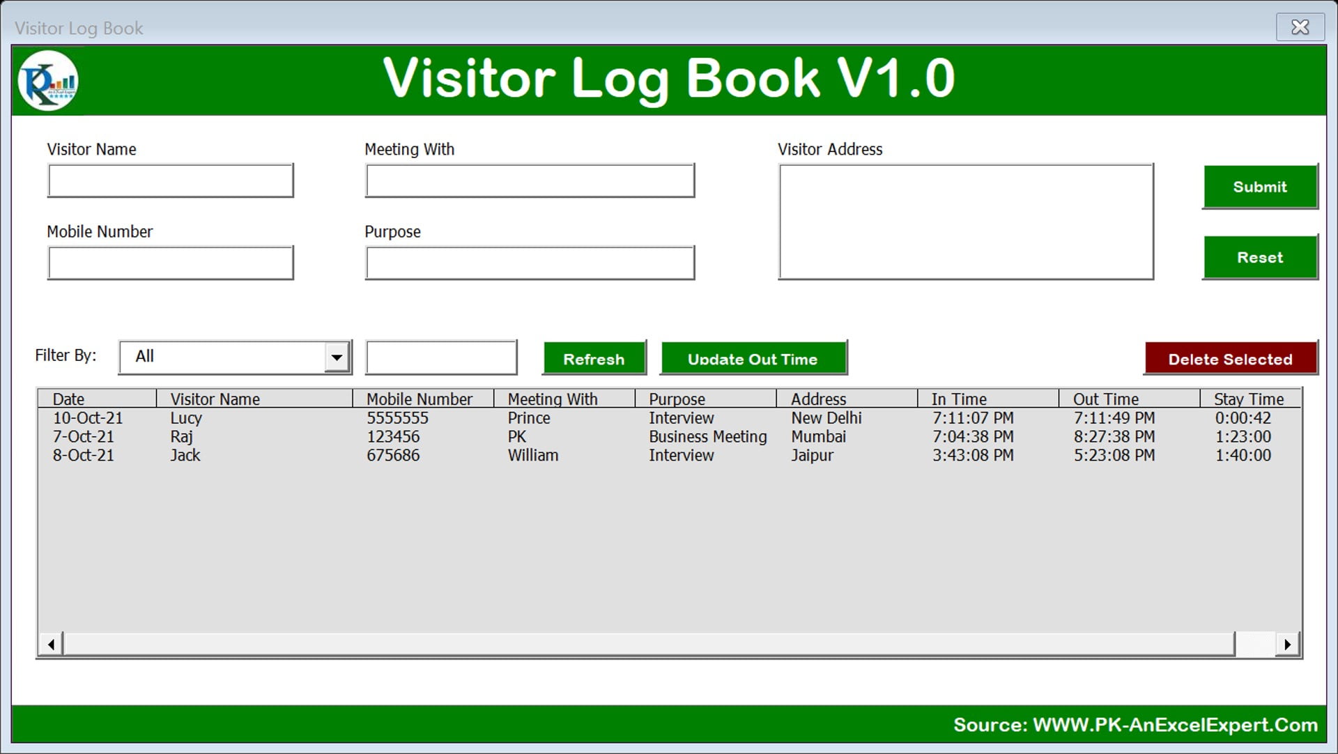 Visitor Log Book in Excel VBA