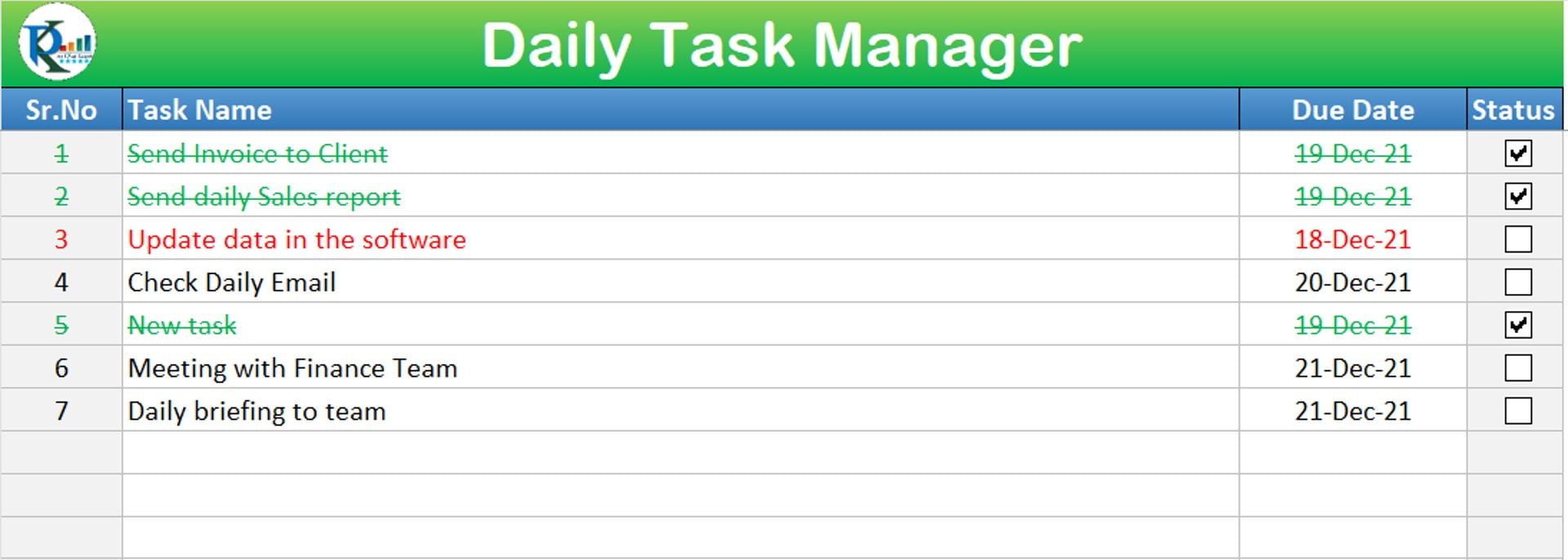 Automated Daily Task Manager with auto Check boxes