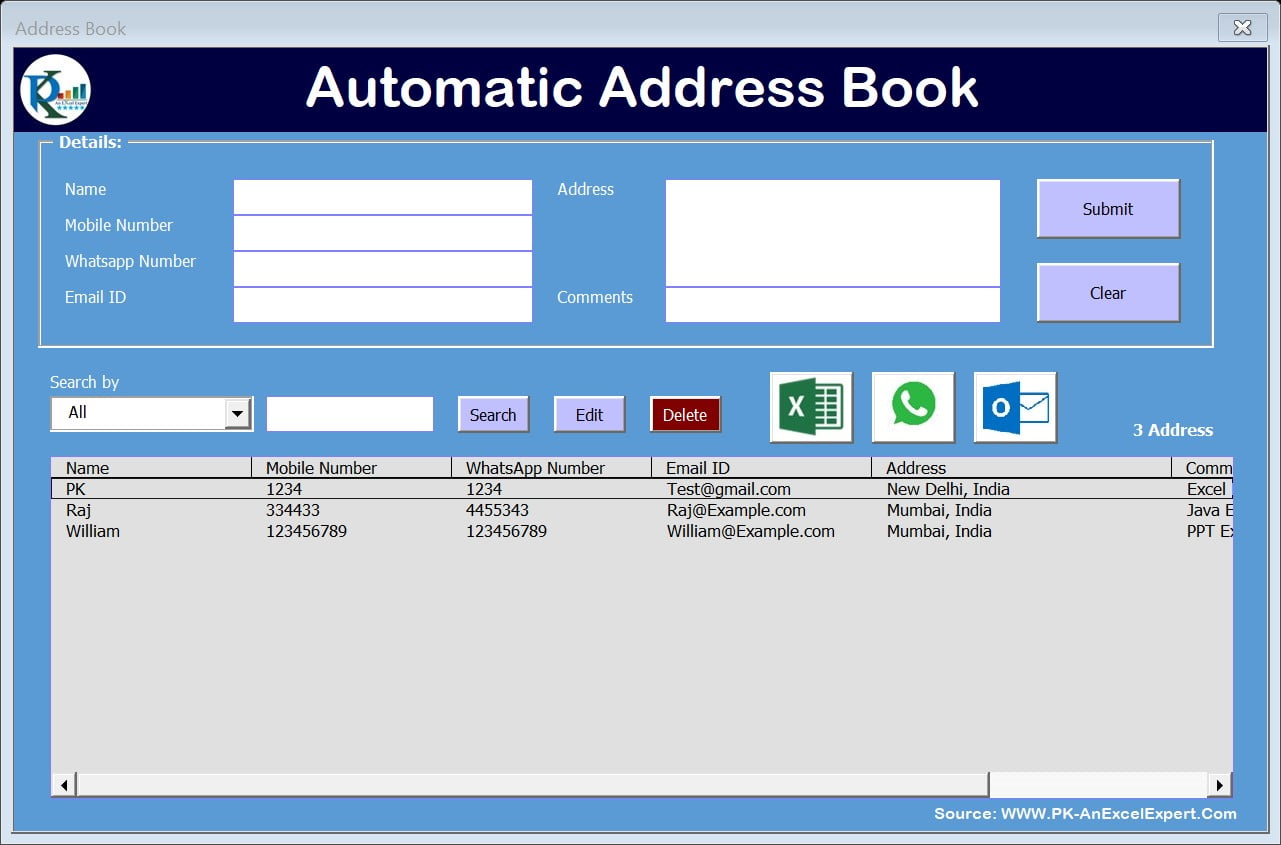 Automated Address Book with Auto WhatsApp and Email