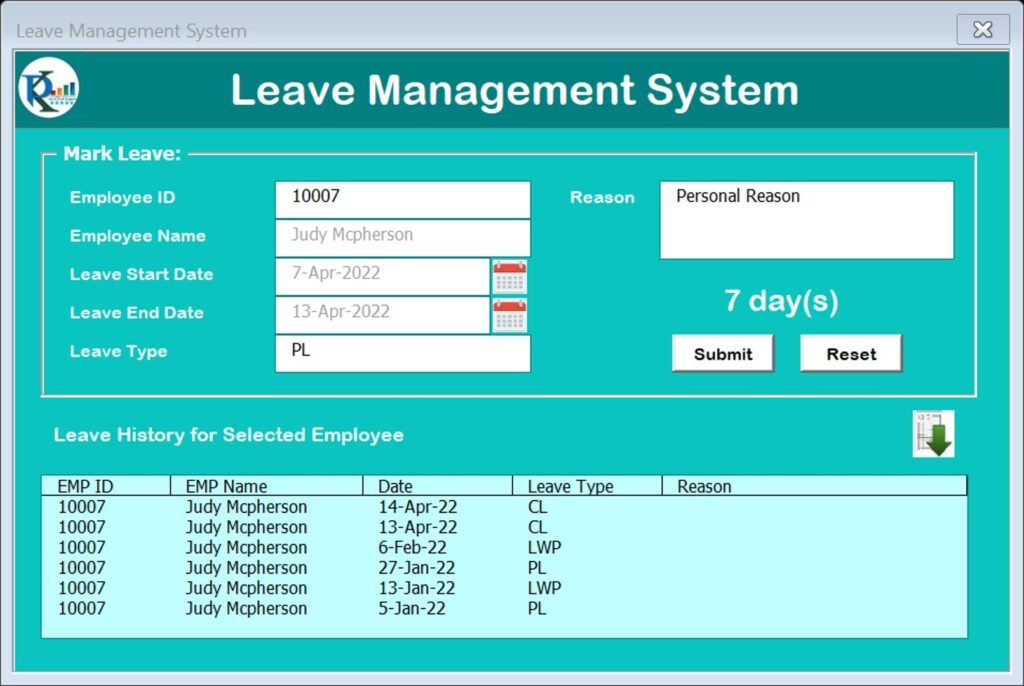 Leave Management System In Excel Pk An Excel Expert