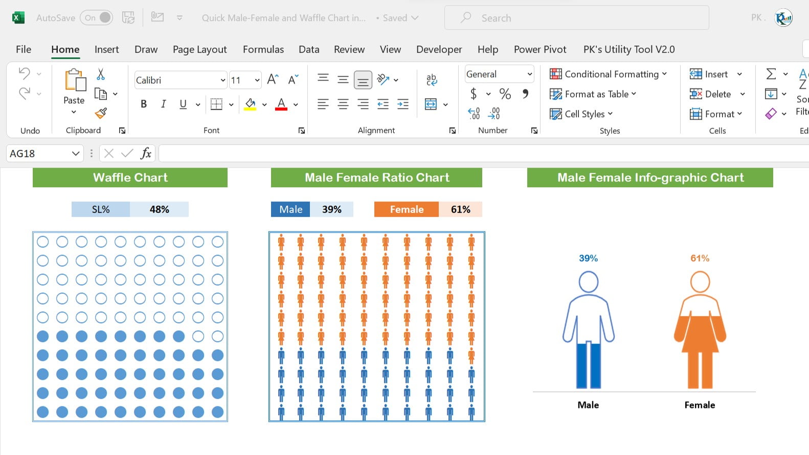 Quick Male-Female and Waffle Chart in Excel
