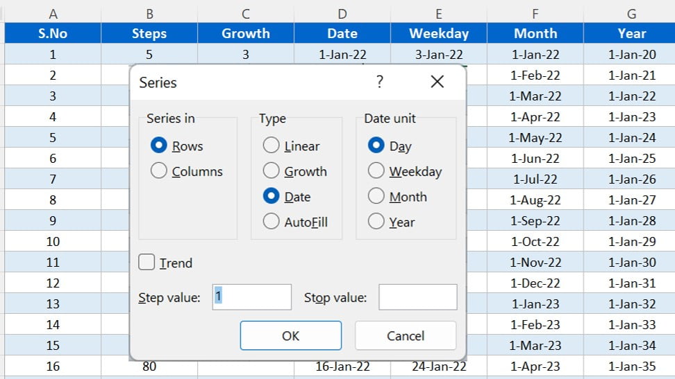 Fill Series in Excel