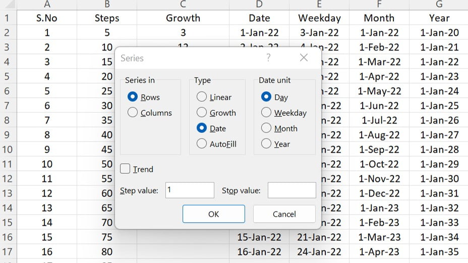 Fill Series in Excel