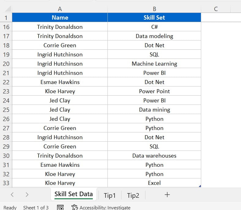 Data in Excel Table