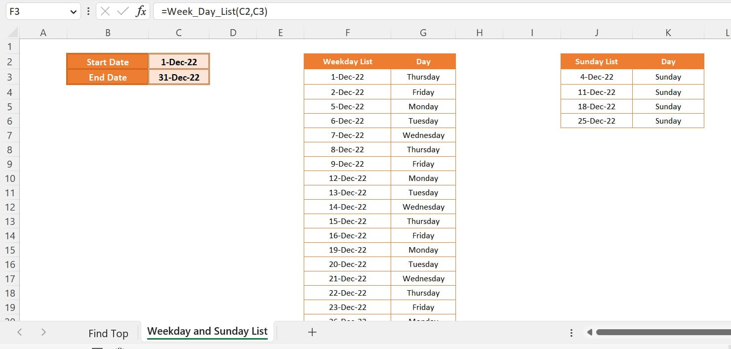 Weekday and Sunday List Formula