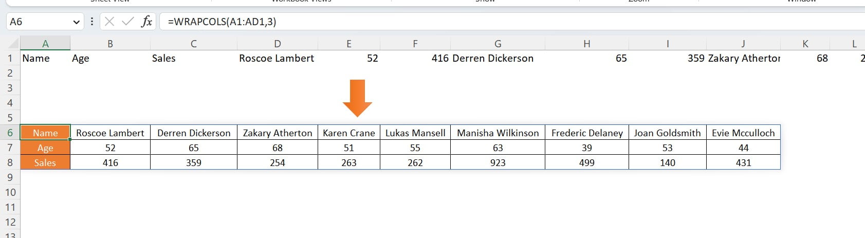 WRAPCOLS function in Excel