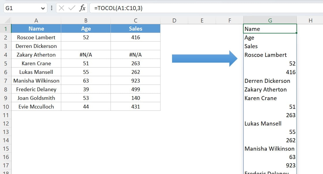 TOCOL function in Excel