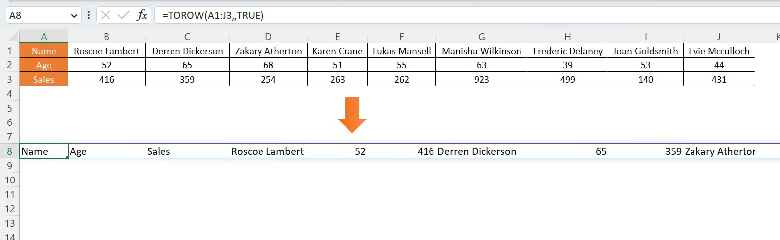 TOROW function in Excel