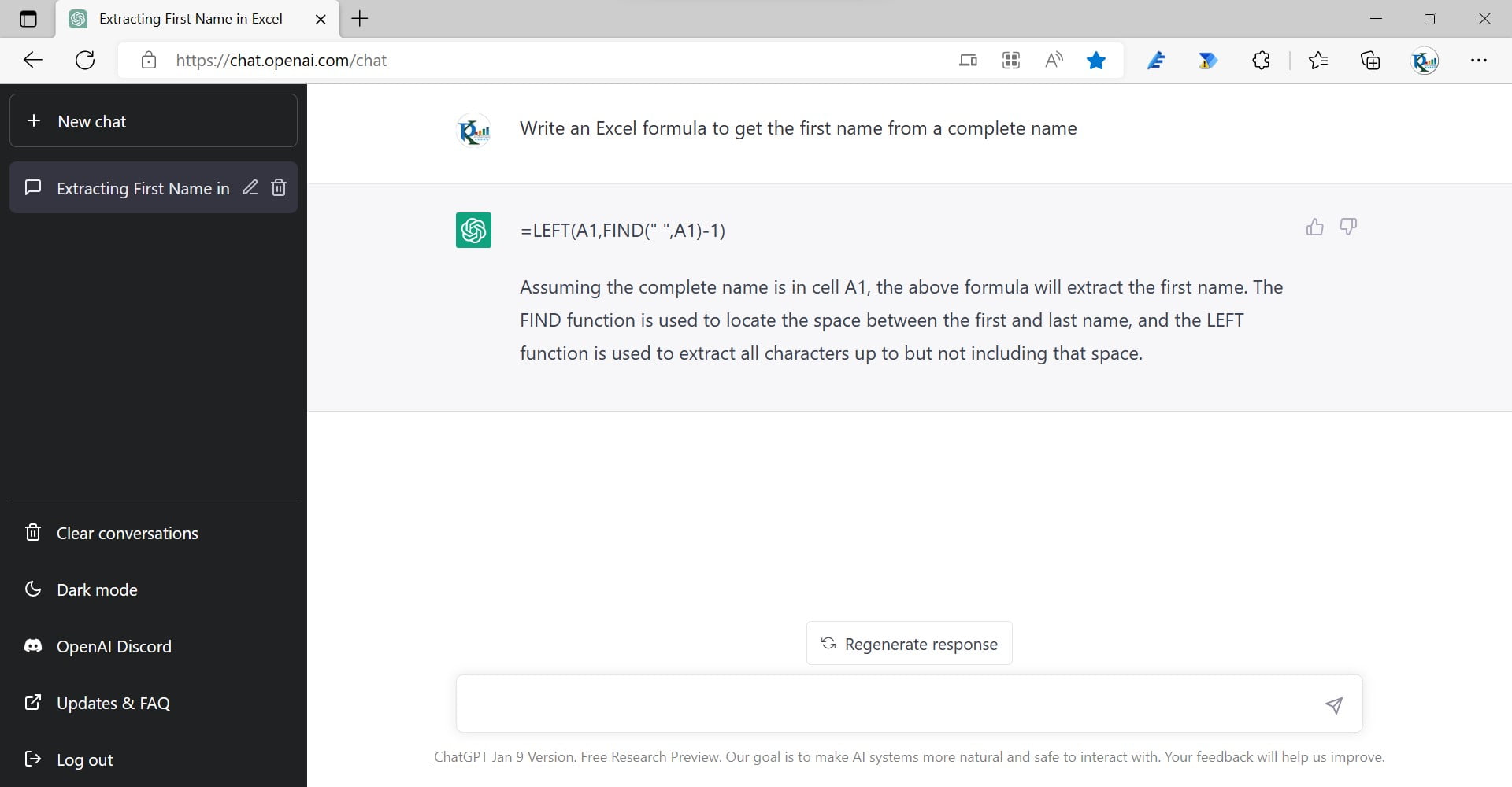 Excel formula example in Chat GPT