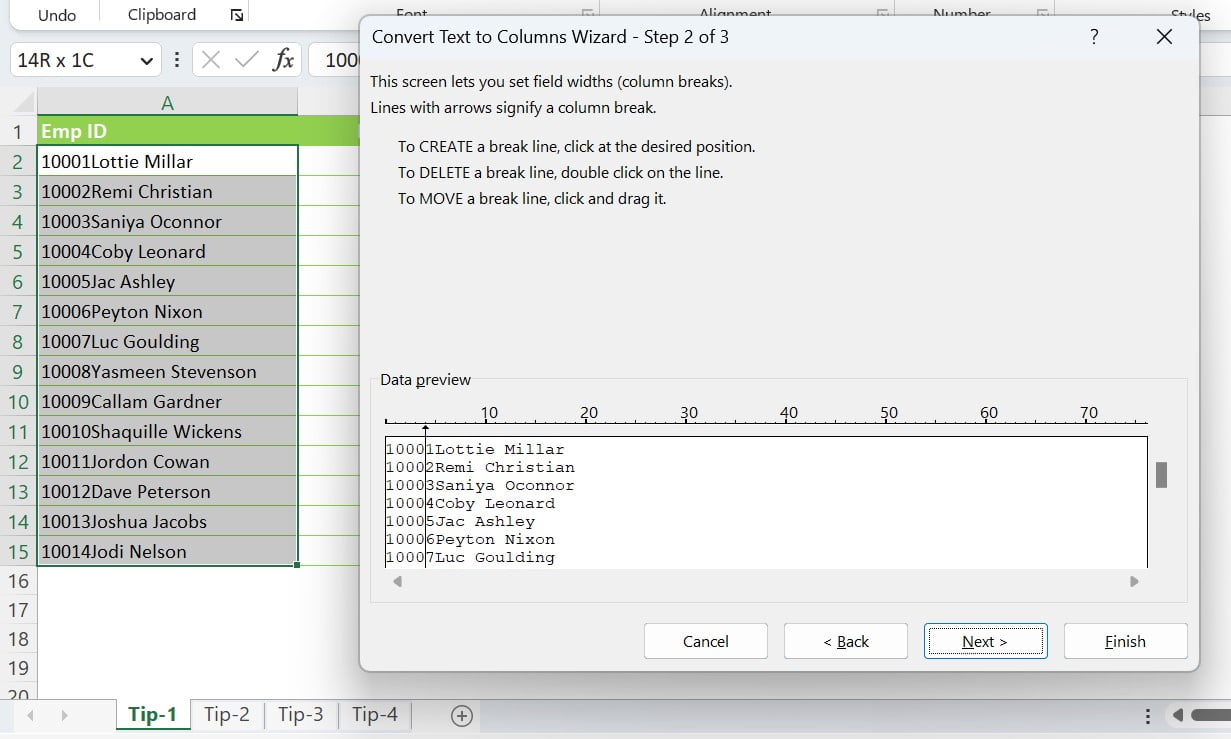 Split IDs and Names with Fixed Width in Text to Column