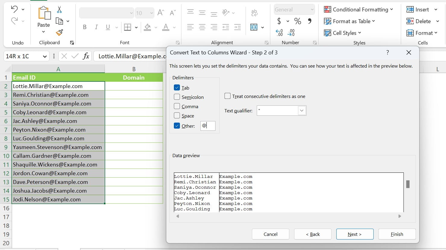 Use the "Delimited" Option in Text to Column for Email Domain Isolation