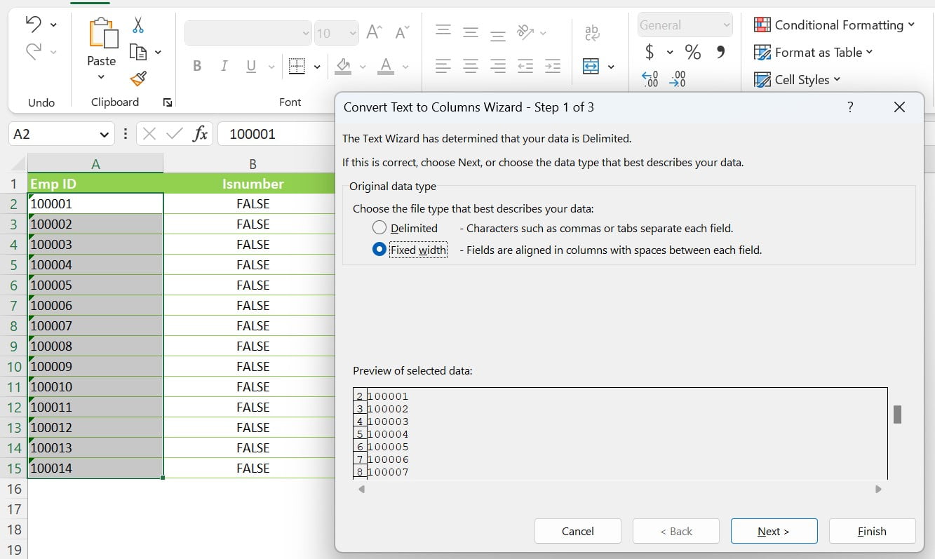 Transform Employee Ids into Numerical Digits with Text to Columns