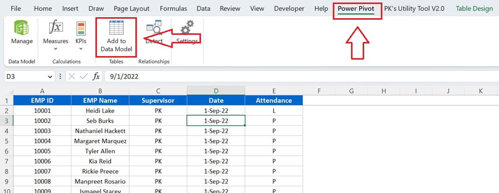 Adding the attendance table to Power Pivot