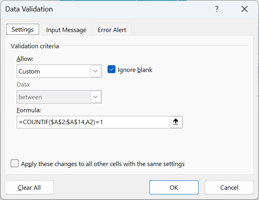 Data Validation Window