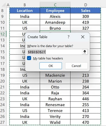 Convert range into an Excel table