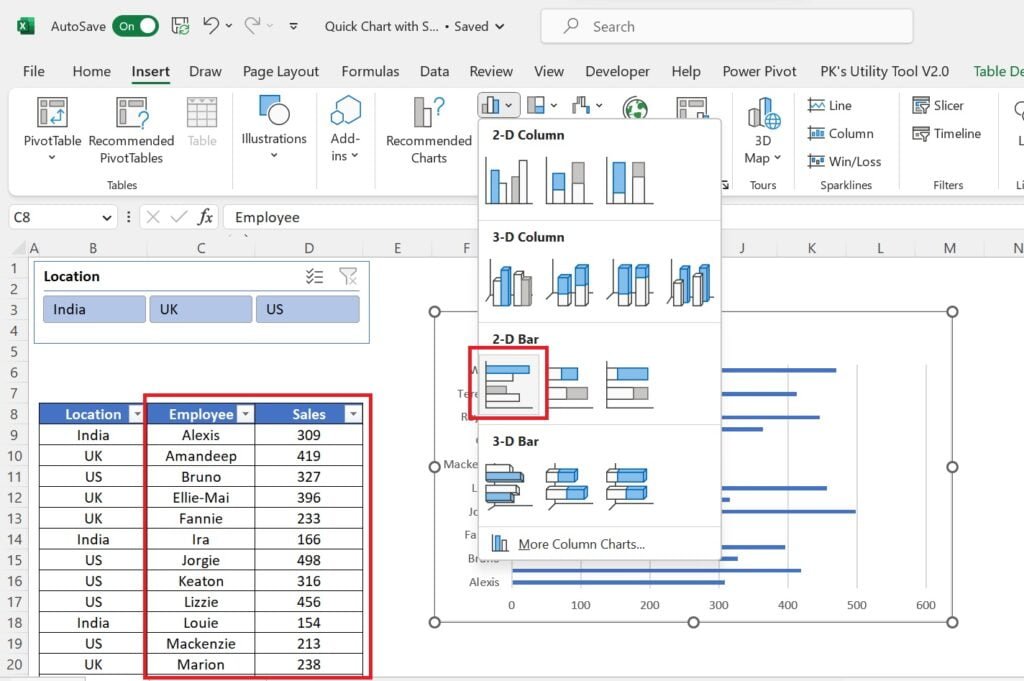 Quick Dynamic Sales by Employees chart with Slicer in Excel - PK: An ...