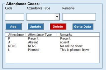 Attendance Codes Section