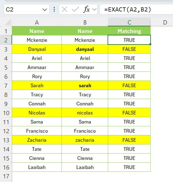 EXACT Function in Excel