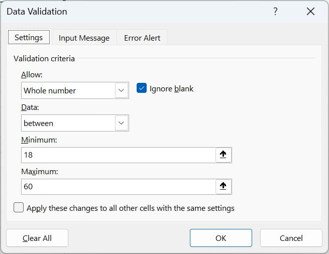 Data Validation window