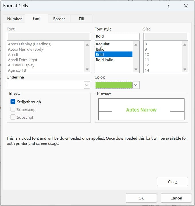 Format Cells window