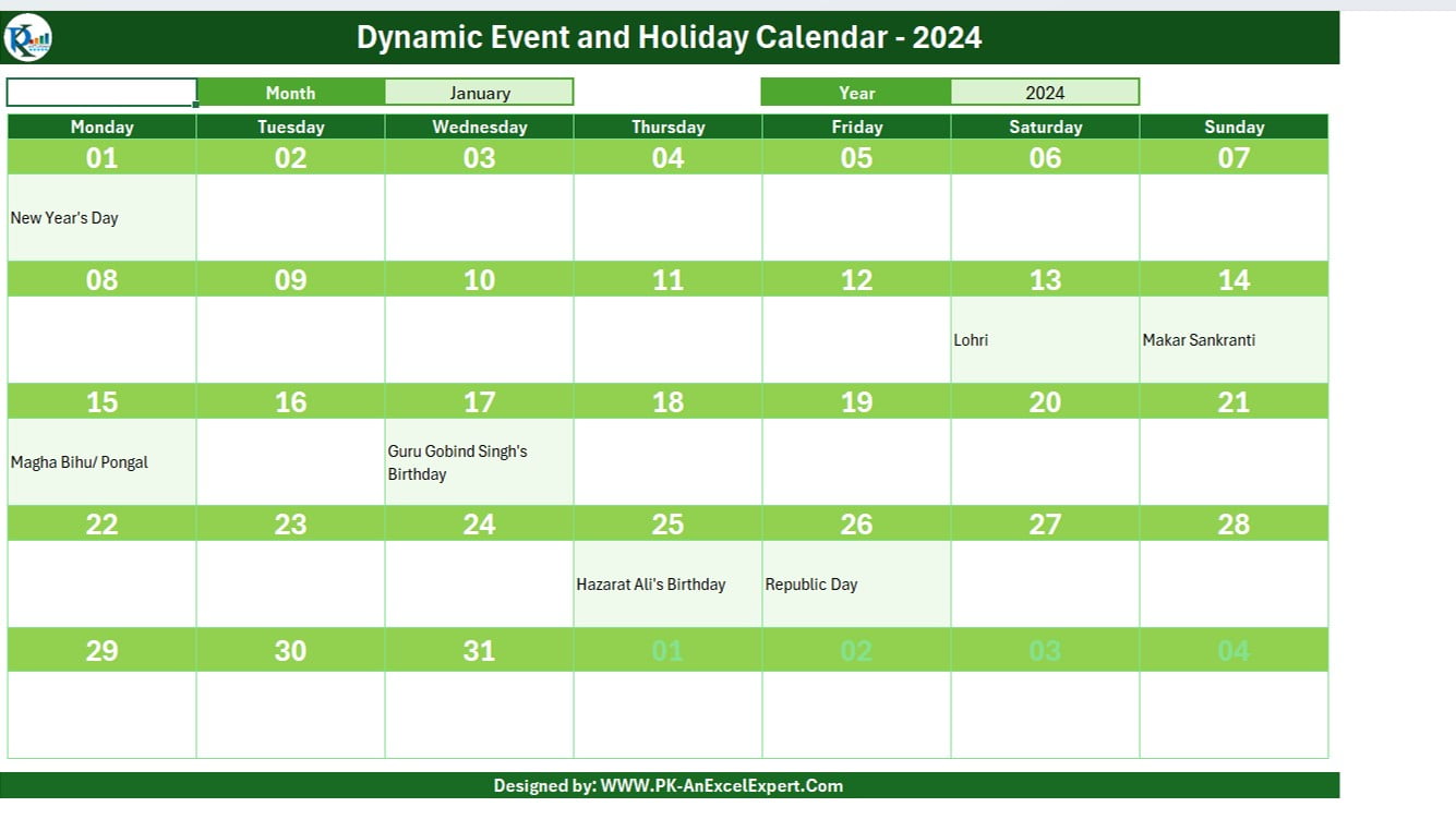Dynamic Excel Calendar - 2024