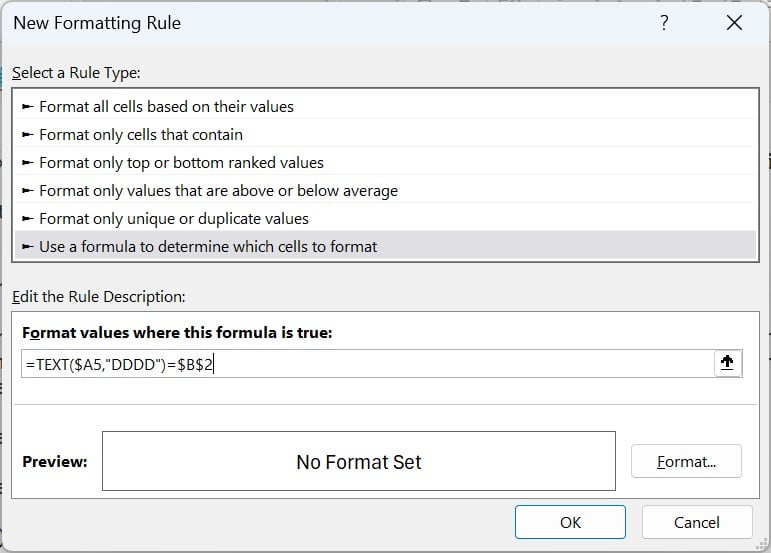 New Formatting Rule Window