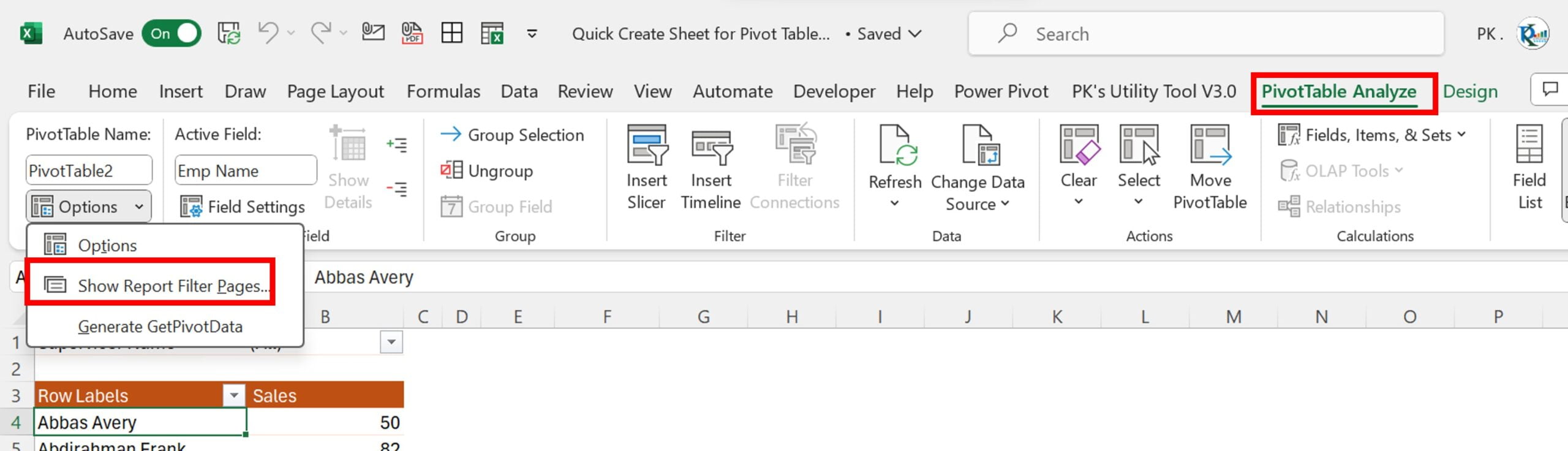 Pivot Table Analyze ribbon