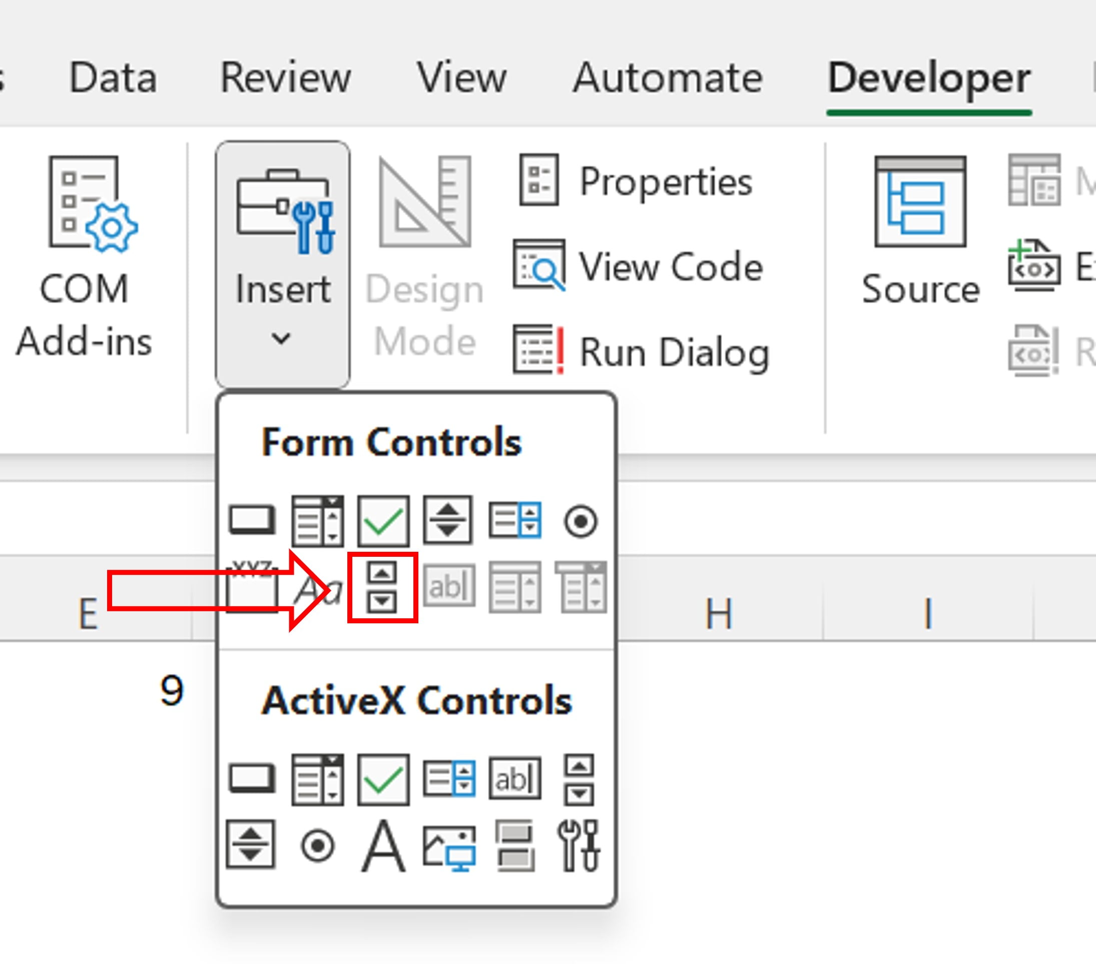 Form Controls Scroll Bar in Developer tab