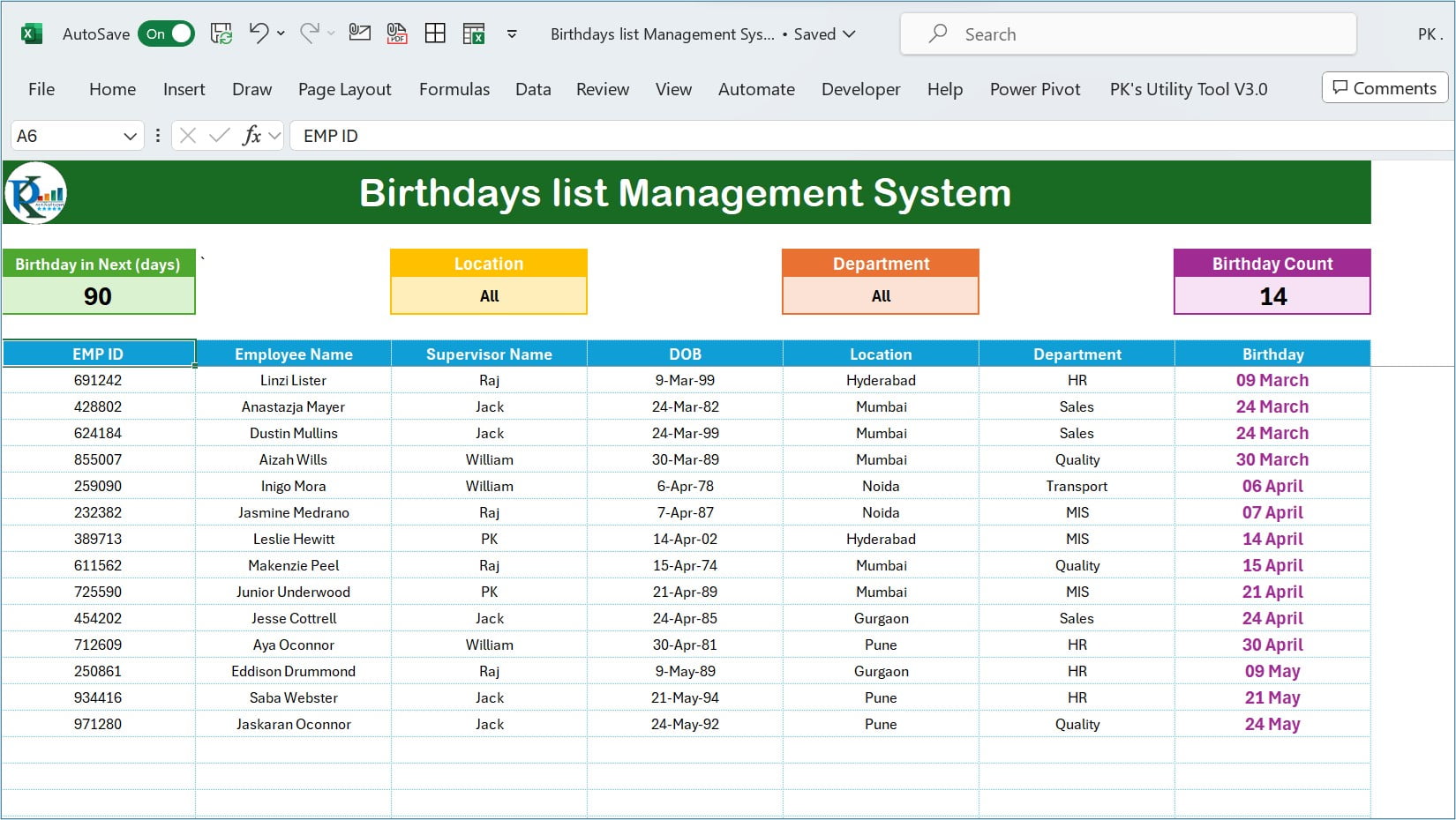 Birthday List Management System in Excel