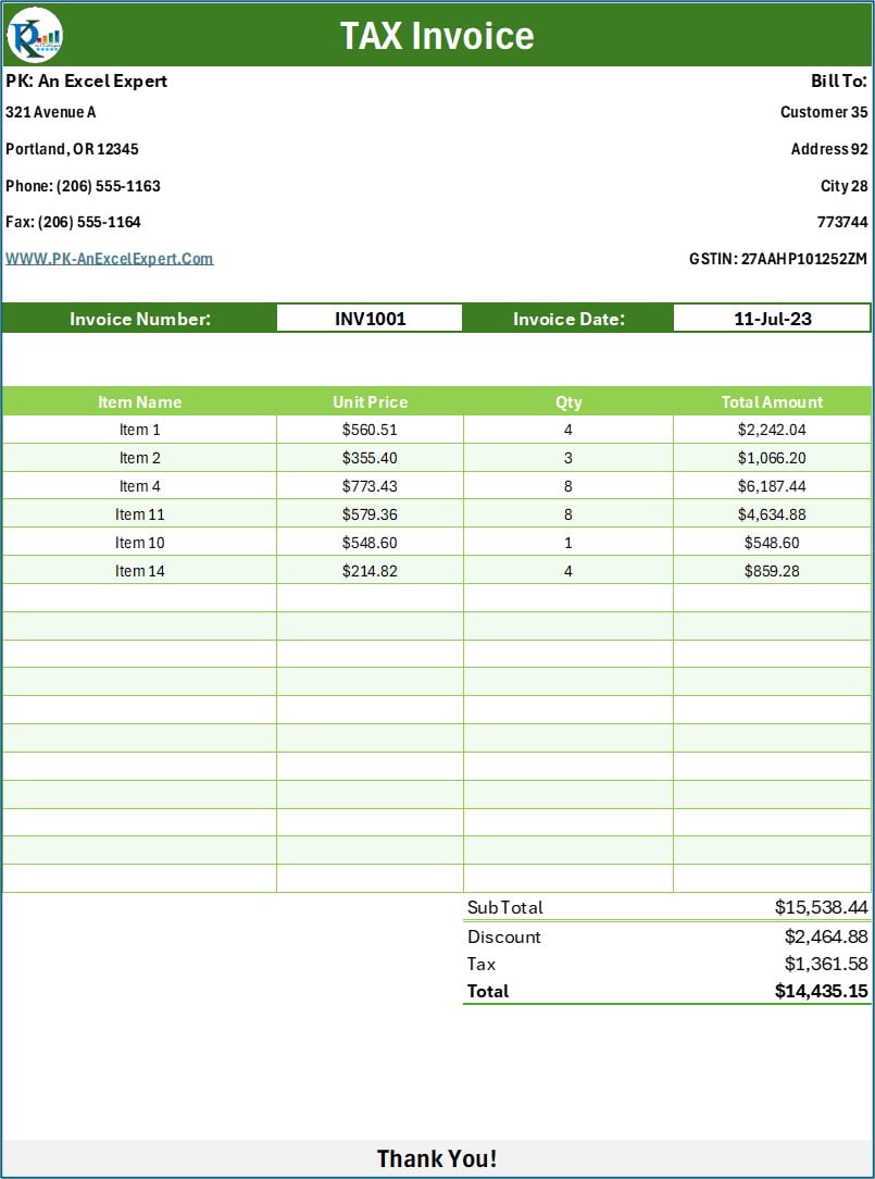 Auto Invoicing in Excel