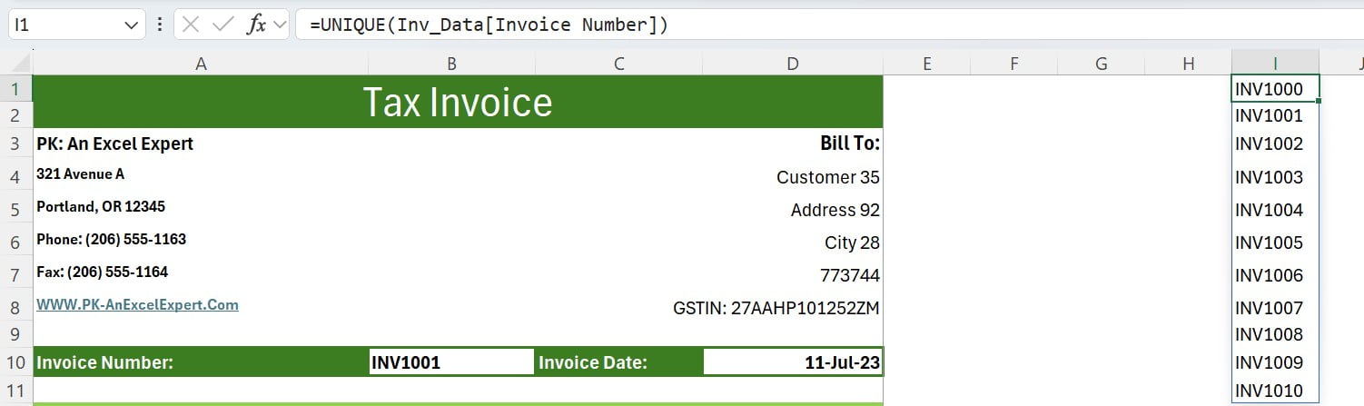 Unique Invoice Number List