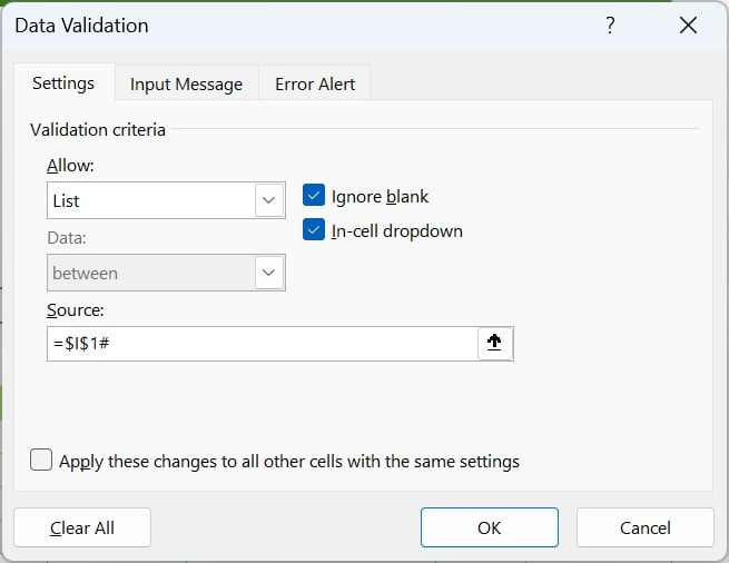 Data Validation window