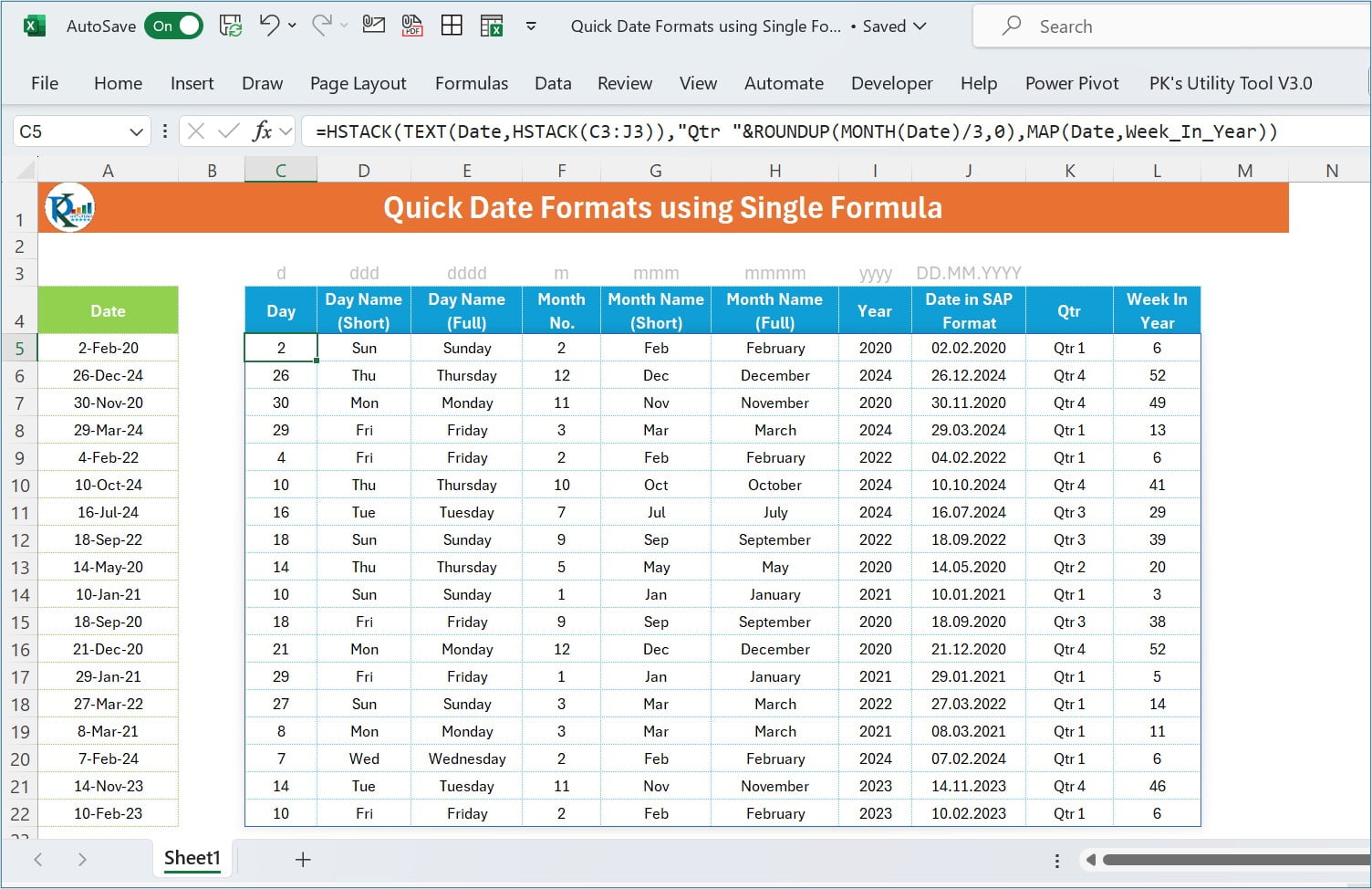 Date formats using formula in single cell