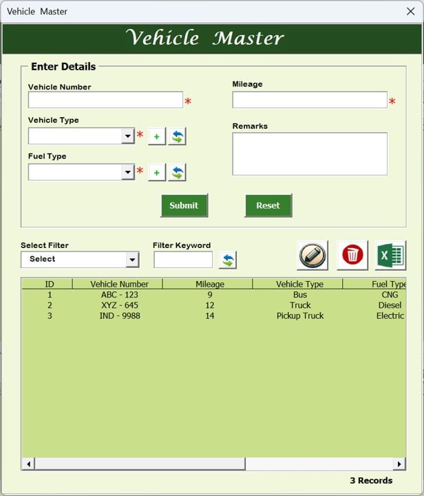 Vehicle Master Form