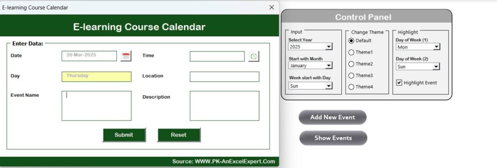 E-learning Course Calendar in Excel - PK: An Excel Expert