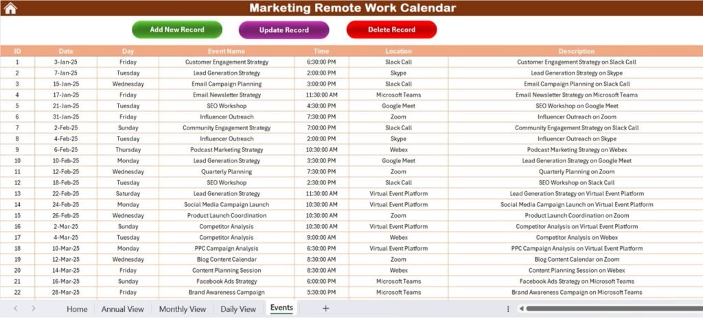 Marketing Remote Work Calendar in Excel - PK: An Excel Expert