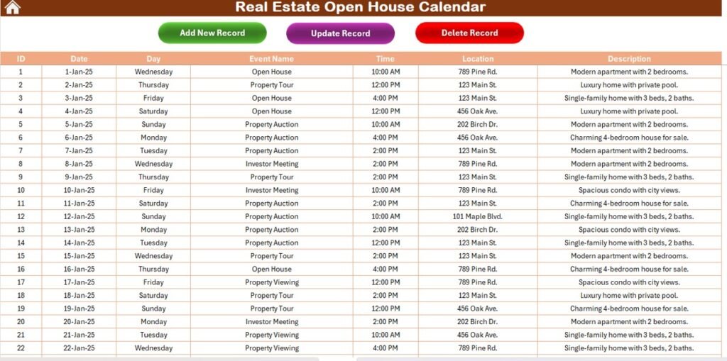 Real Estate Open House Calendar in Excel - PK: An Excel Expert
