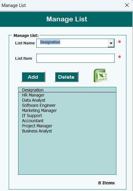 Manage List Sheet