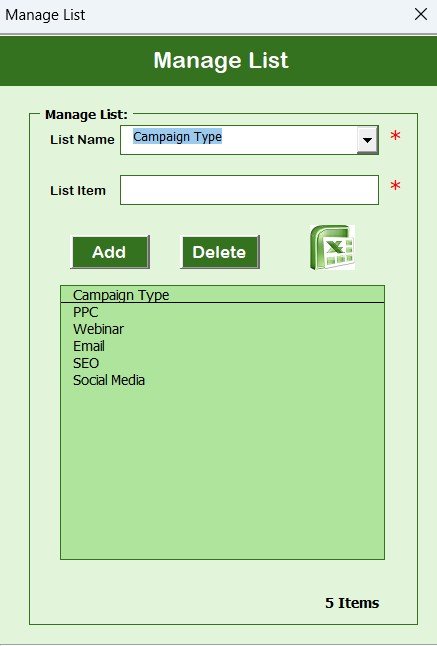 Manage List Sheet