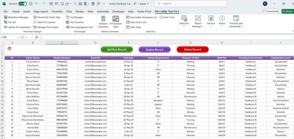 Visitor Feedback Tracker in Excel - PK: An Excel Expert